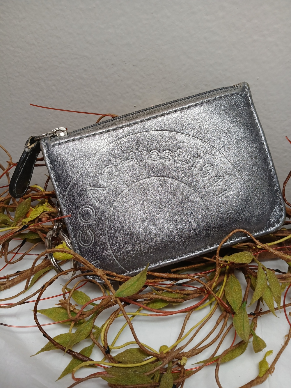COACH Metallic Silver Zip Card Case Wallet